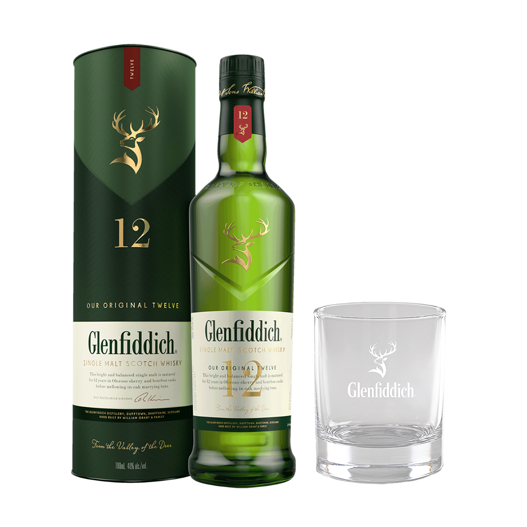 Glenfiddich 12 Year Old 700ml with Glenfiddich Rock Glass