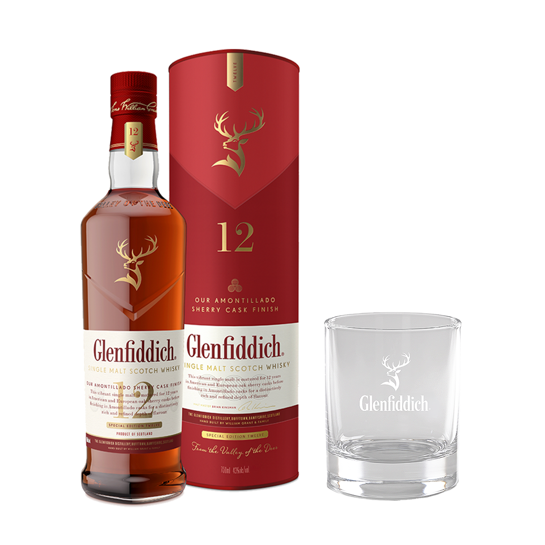 Glenfiddich 12 Year Old Sherry Cask Finish 700ml with Glenfiddich Rock Glass