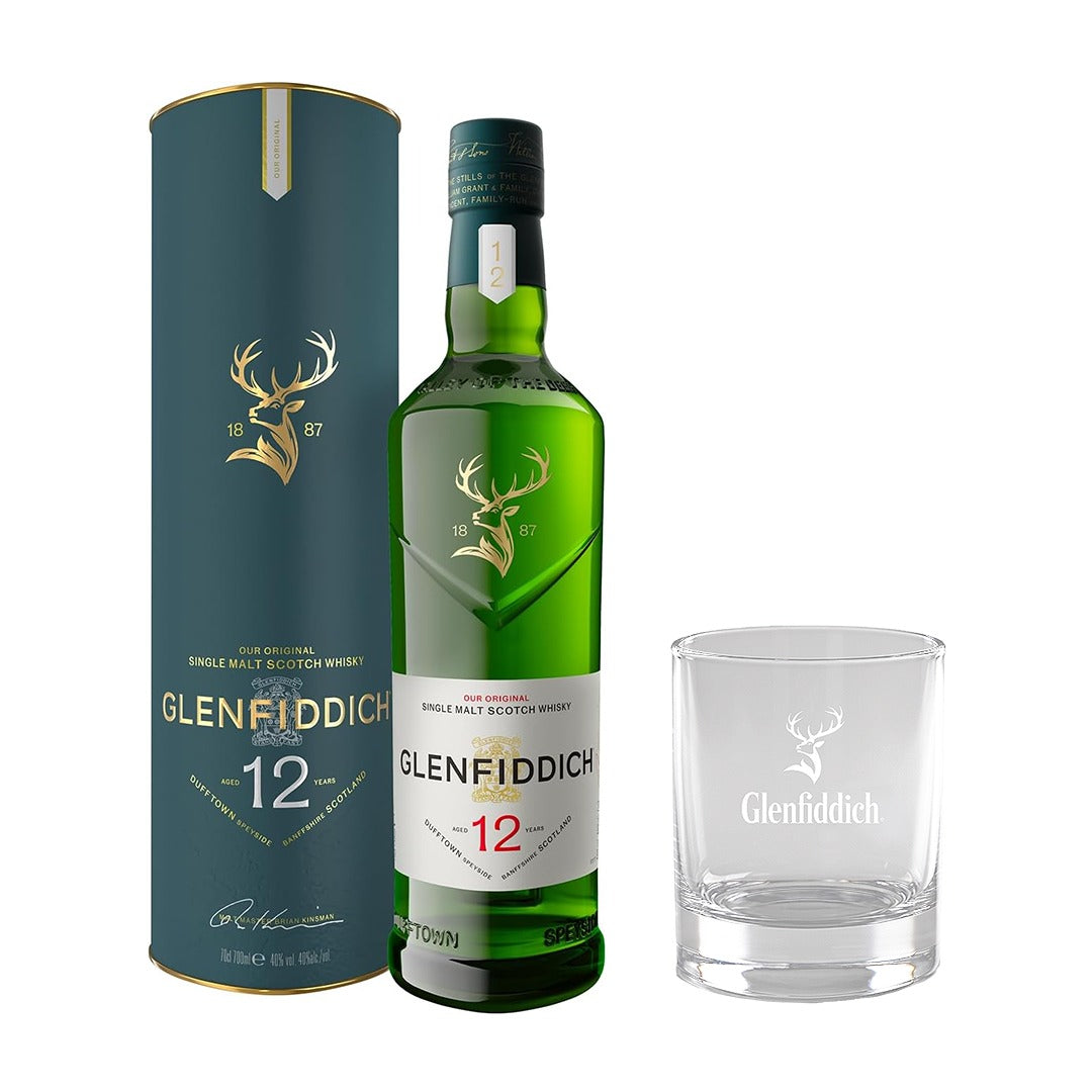 Glenfiddich 12 Year Old 700ml (New Bottling) with Glenfiddich Rock Glass
