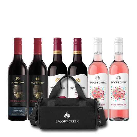 Buy 2x Jacob's Creek Double Barrel Shiraz 750ml, 2x Jacob's Creek Classic Merlot 750ml & 2x Jacob's Creek Dots Moscato Rose 750ml get one FREE Jacob's Creek Black Mini Duffle Bag