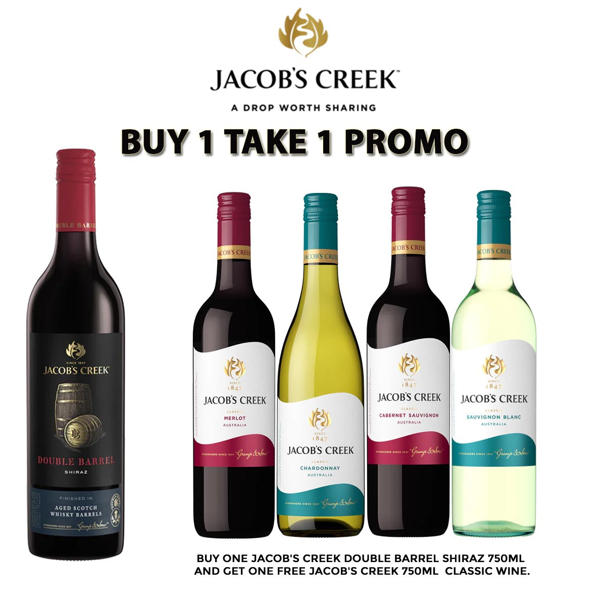 Buy 1x Jacob's Creek Double Barrel Shiraz 750ml and Get 1x Free Jacob's Creek 750ml Classic Wine