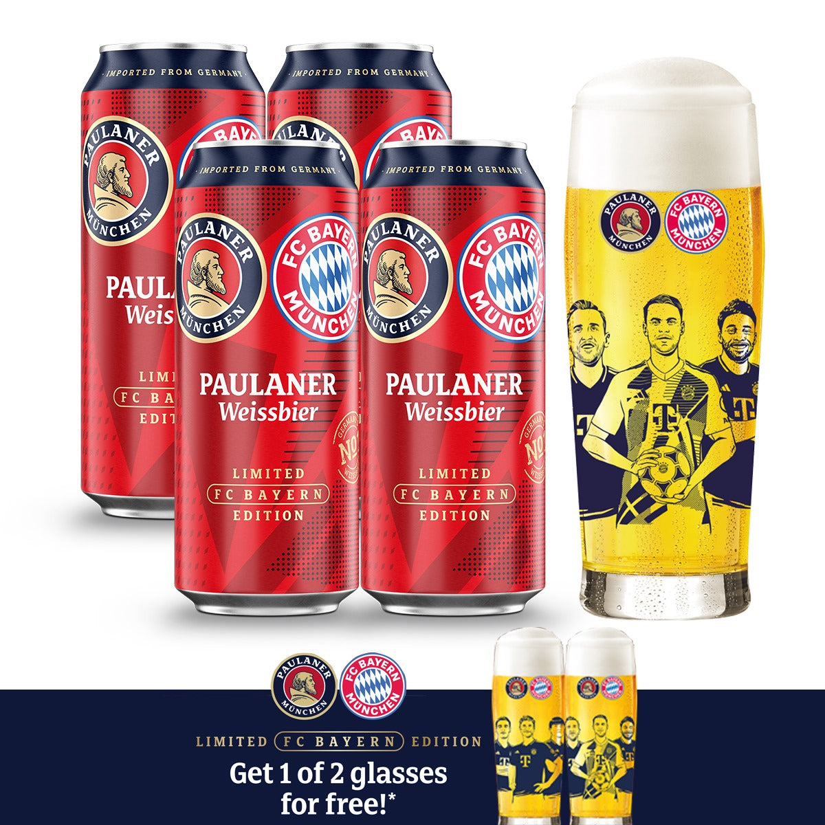Buy 4x Paulaner Weissbier FC Bayern Limited Edition 500ml Can with FREE 1x FC Bayern Glass