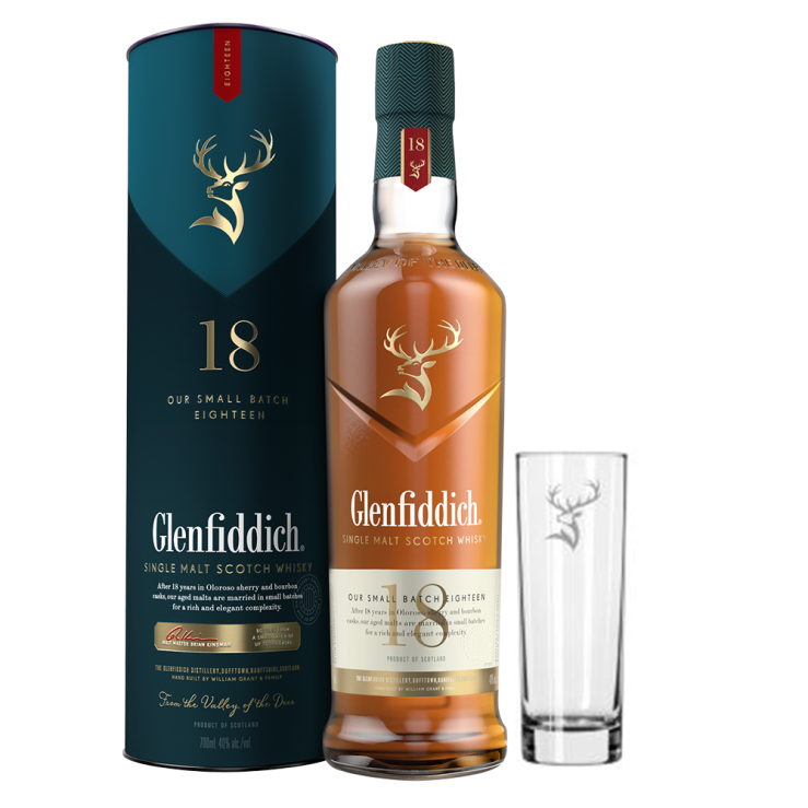 Glenfiddich 18 Year Old 700ml with Glenfiddich Highball Glass