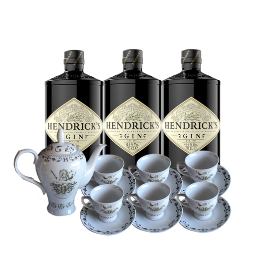 Hendrick's Gin Tea Set (Total 3x Hendrick's Gin 700ml, 1x Tea Pot, 6x Tea Cup, 6x Saucer)