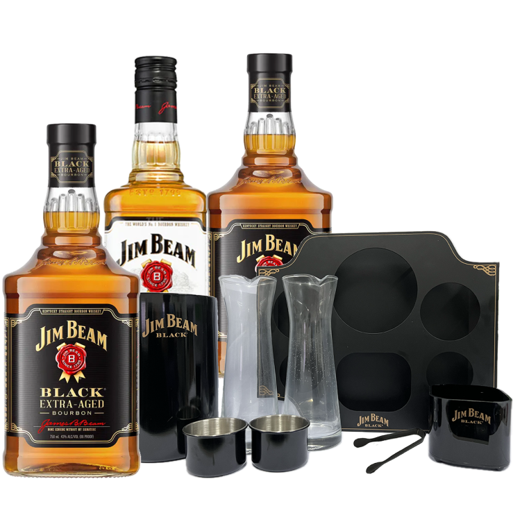 Jim Beam Serving Tray Set (2x Bottles Black 700ml, 1x Bottle White 750ml)