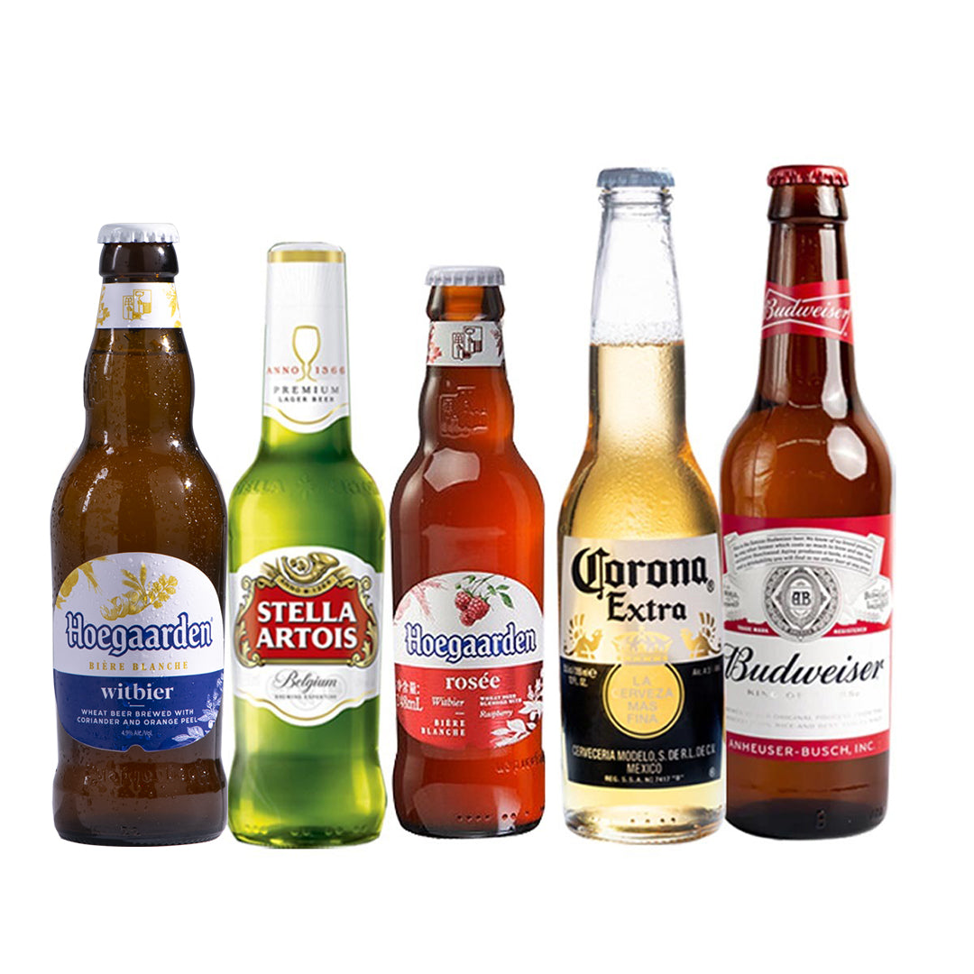 Premium Beer Bottle Trial Pack (1x Stella Artois 310ml, 1x Corona 330ml, 1x Hoegaarden White 330ml, 1x Hoegaarden Rosee 248ml, 1x Budweiser 330ml) - Total 5 Bottles