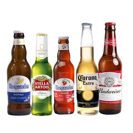Premium Beer Bottle Trial Pack (1x Stella Artois 310ml, 1x Corona 330ml, 1x Hoegaarden White 330ml, 1x Hoegaarden Rosee 248ml, 1x Budweiser 330ml) - Total 5 Bottles