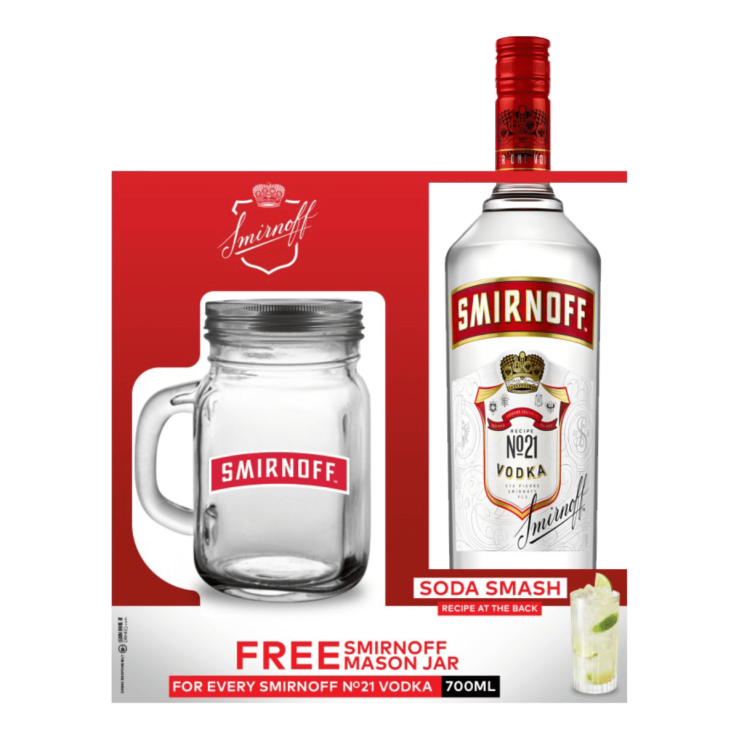 Smirnoff Red Vodka 700ml with FREE Smirnoff Mason Jar Glass