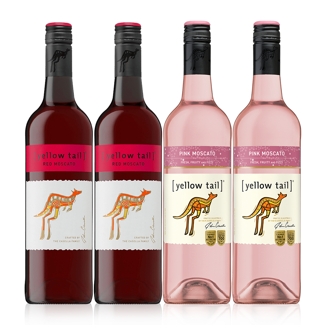 Buy 3+1 Promo: 2x Yellow Tail Pink Moscato and 2x Yellow Tail Red Moscato 750ml (Naked Only - No Box, Total 4 Bottles)