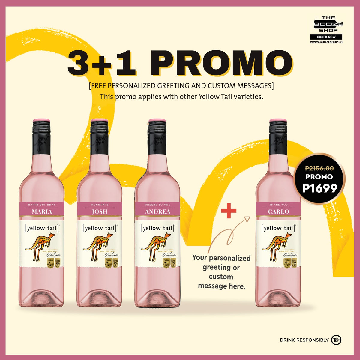 Buy 3+1 Promo: Yellow Tail Pink Moscato 750ml (Naked Only - No Box, Total 4 Bottles) with FREE Personalized Wine Label