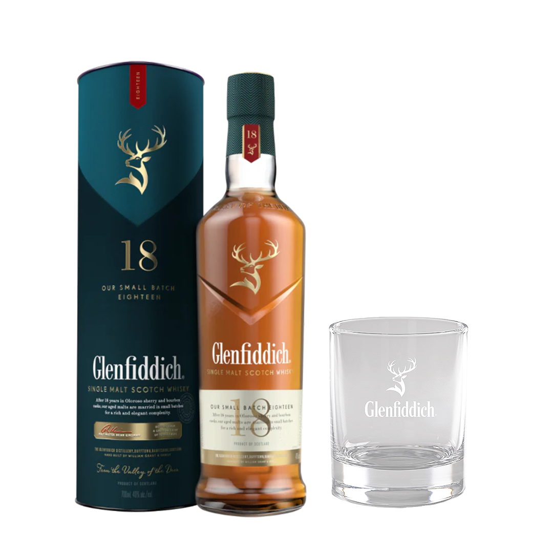Glenfiddich 18 Year Old 700ml with Glenfiddich Rock Glass