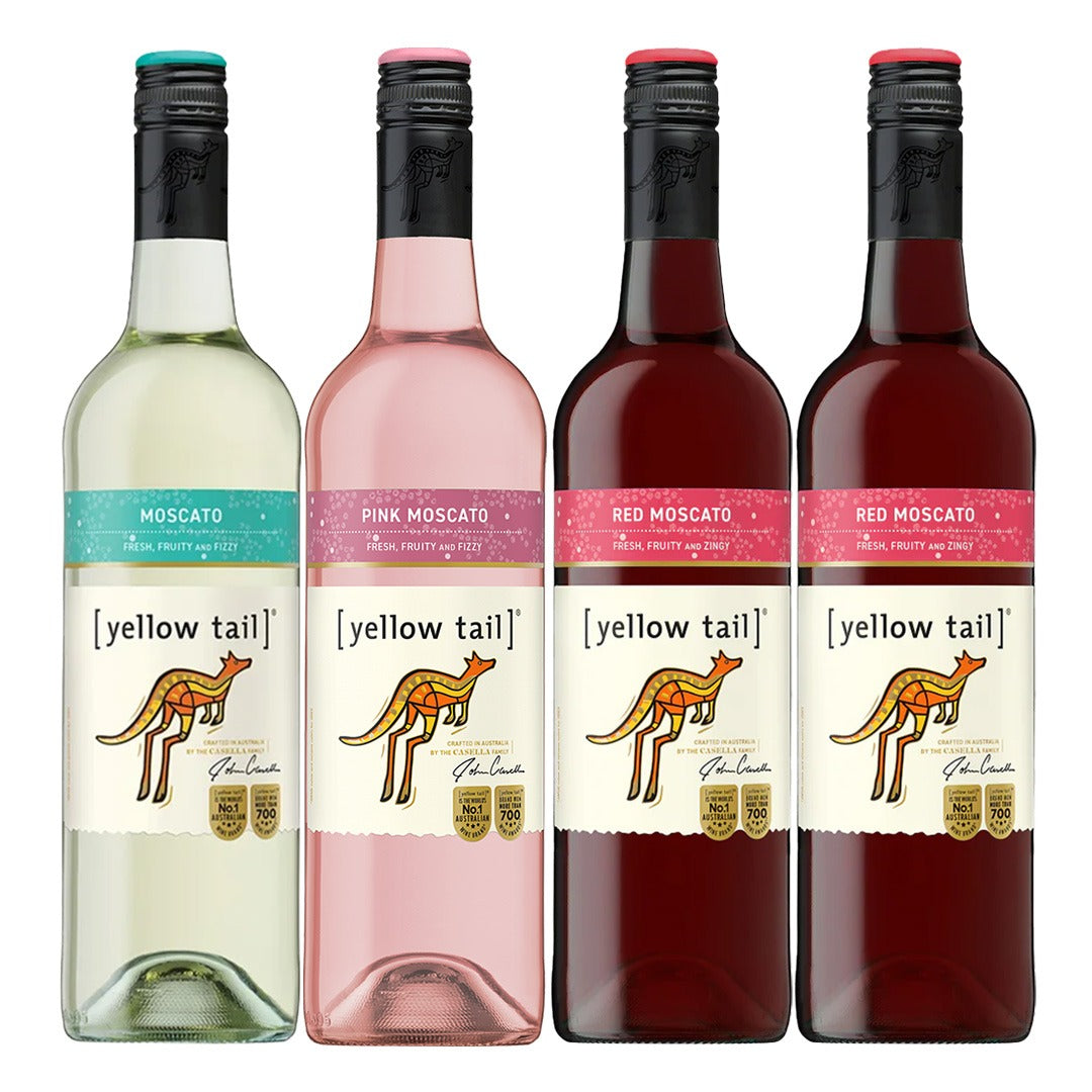 Buy 3+1 Promo: 1x Yellow Tail White Moscato, 1x Yellow Tail Pink Moscato and 2x Yellow Tail Red Moscato 750ml (Naked Only - No Box, Total 4 Bottles)