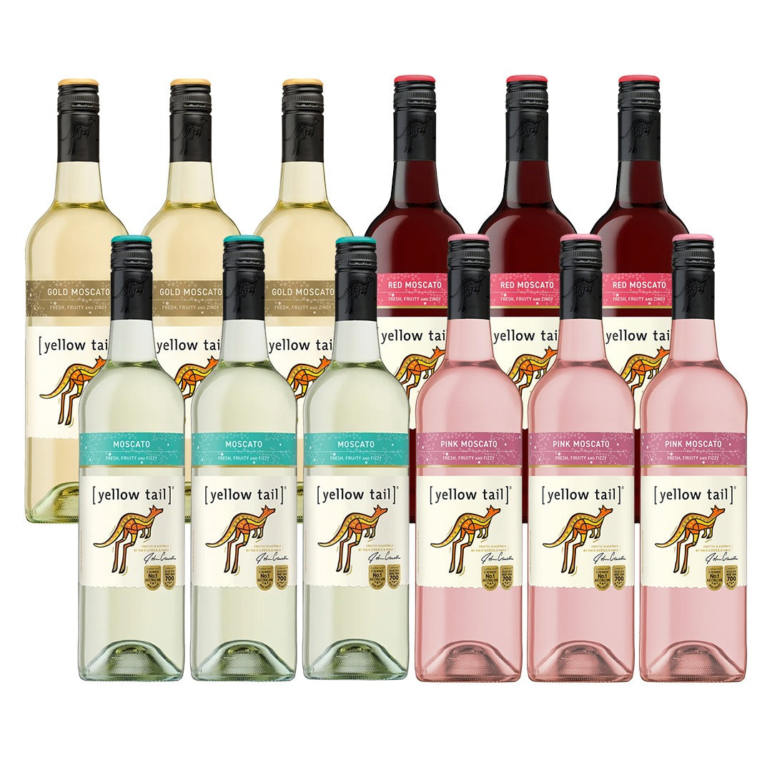 Yellow Tail Moscato Case Promo: 3x Yellow Tail Red Moscato, 3x Yellow Tail Pink Moscato,, 3x Yellow Tail Gold  Moscato and 3x Yellow Tail White Moscato 750ml (Total 12 Bottles)