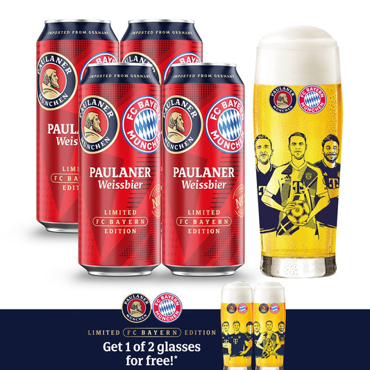 Buy 4x Paulaner Weissbier FC Bayern Limited Edition 500ml Can with FREE 1x FC Bayern Glass