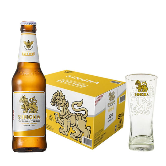 Singha Lager Beer 330ml bottle x 24 (Case) with FREE 1x Singha Tall Glass