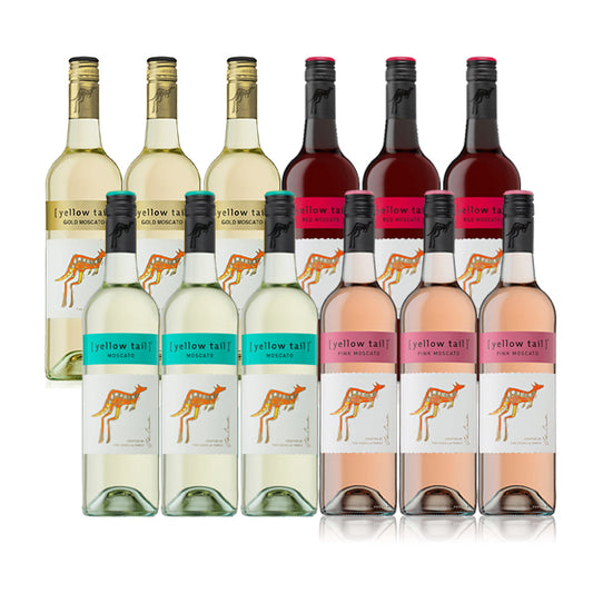 Yellow Tail Moscato Case Promo: 3x Yellow Tail Red Moscato, 3x Yellow Tail Pink Moscato,, 3x Yellow Tail Gold  Moscato and 3x Yellow Tail White Moscato 750ml (Total 12 Bottles)