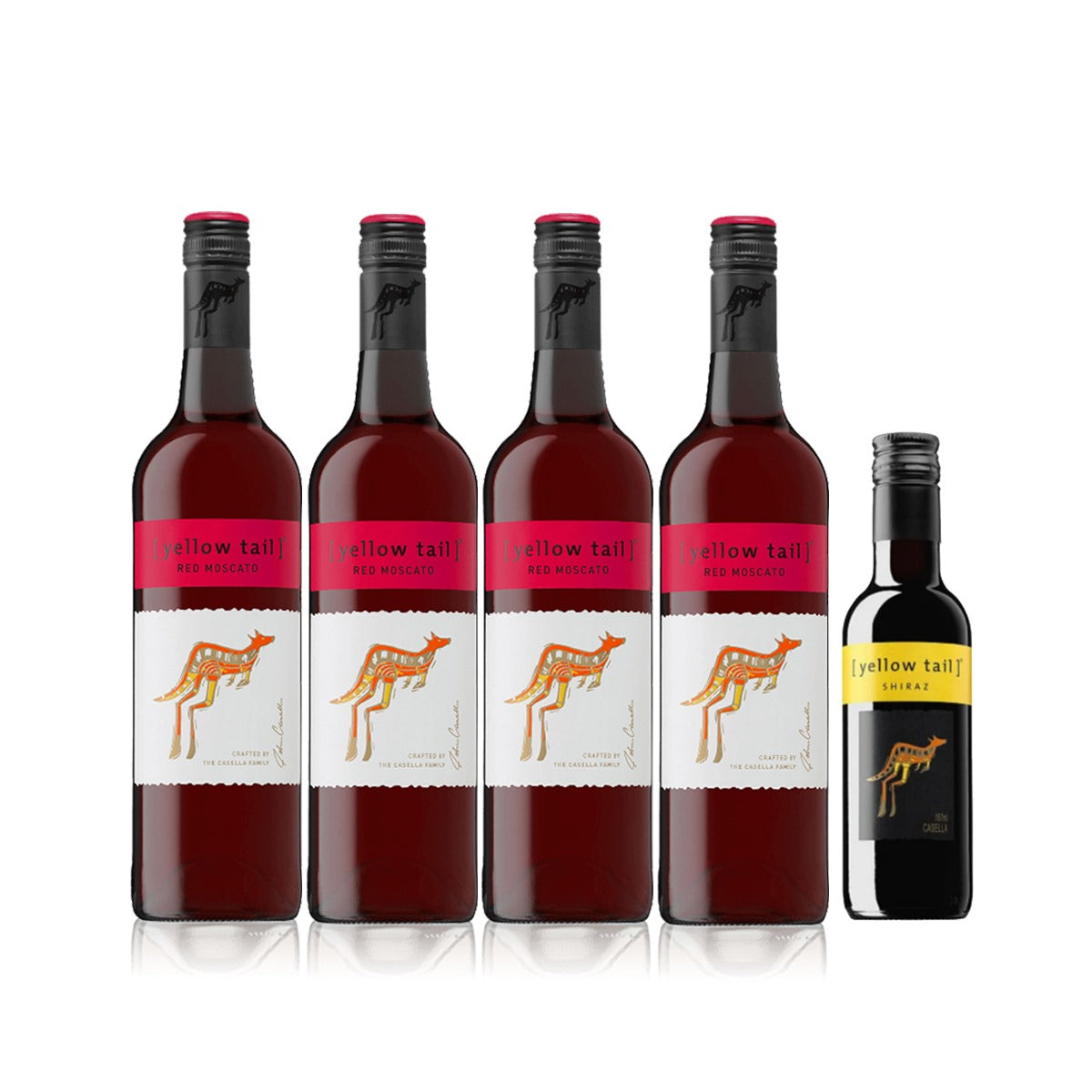 Buy 3+2 Promo: 3x Yellow Tail Red Moscato 750ml with FREE 1x Yellow Tail Red Moscato & 1x Yellow Tail Joey Shiraz 187ml (Naked Only - No Box, Total 5 Bottles)