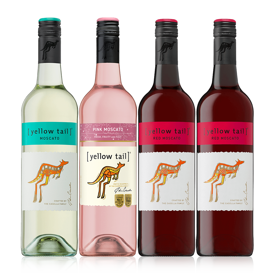 Buy 3+1 Promo: 1x Yellow Tail White Moscato, 1x Yellow Tail Pink Moscato and 2x Yellow Tail Red Moscato 750ml (Naked Only - No Box, Total 4 Bottles)