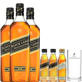 Johnnie Walker Black Label 1L x3 w/ FREE Double Black 50ml mini 2x, Gold Reserve 50ml mini 1x, and 1pc. Hiball Glass