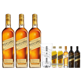 Johnnie Walker Gold Reserve 700ml x3 w/ FREE Gold Reserve 50ml mini x2, 18yo 50ml mini, Double Black 50ml mini x2, and Highball Glass