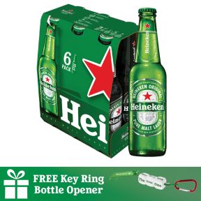 Heineken Original Beer Bottle 330ml 6 Pack with FREE H150 Key Ring Bottle Opener