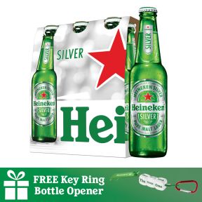 Heineken Silver Beer Bottle 330ml 6 Pack with FREE H150 Key Ring Bottle Opener
