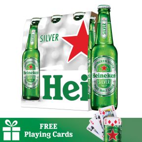 Heineken Silver Beer Bottle 330ml 6 Pack with FREE Heineken Playing Cards