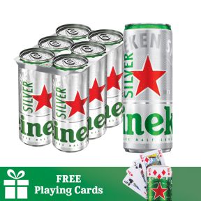 Heineken Silver Beer Can 330ml 6 Pack with FREE Heineken Playing Cards