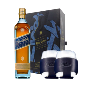 Johnnie Walker Blue Label 750ml Limited Edition Gift Pack with FREE 2 Rock Glasses with The Tannery Manila Leather Glass Holders