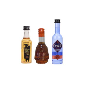 Wild Turkey American Honey 50ml, Carlos I Gran Reserva 50ml, and Citadelle Gin Original 50ml