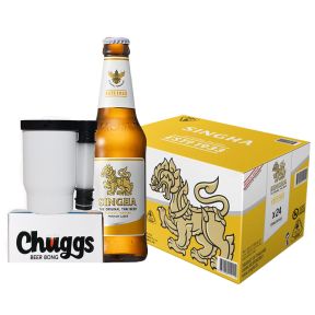 Singha Lager Beer 330ml bottle x 24 (Case) with FREE 1x Chuggs Beer Bong (White)