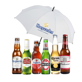 Premium Beer Trial Pack (1x Bottle of Stella Artois 310ml, Corona 330ml, Hoegaarden White 330ml, Hoegaarden Rosee 248ml, Beck's 275ml, Budweiser 330ml) with FREE Hoegaarden Umbrella
