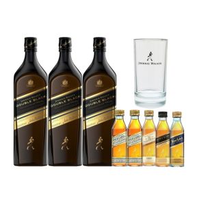 Johnnie Walker Double Black 1L x3 w/ FREE Gold Reserve 50ml Mini x2, 1x 18yo 50ml Mini, 1x Double Black 50ml, 1x Blue Label, 50ml, and 1pc. Highball Glass