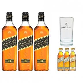 Johnnie Walker Black Label 1L x3 w/ FREE Gold Reserve 50ml mini 2x, 18yo 50ml mini 1x, and 1pc. Highball Glass
